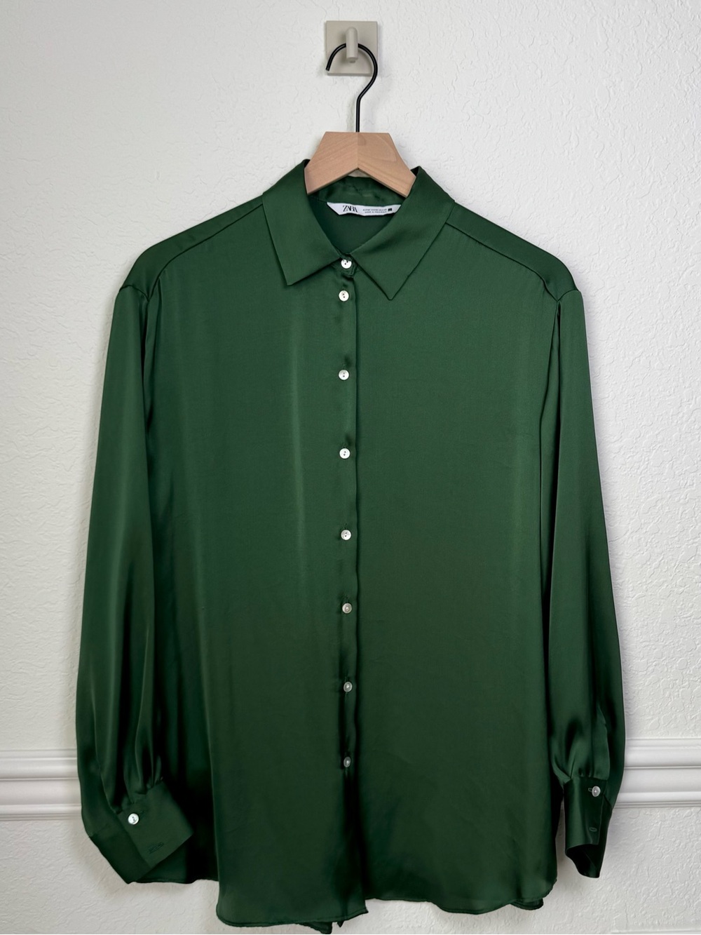 Zara Dark Green Satin Button Down Blouse Oversized Shirt